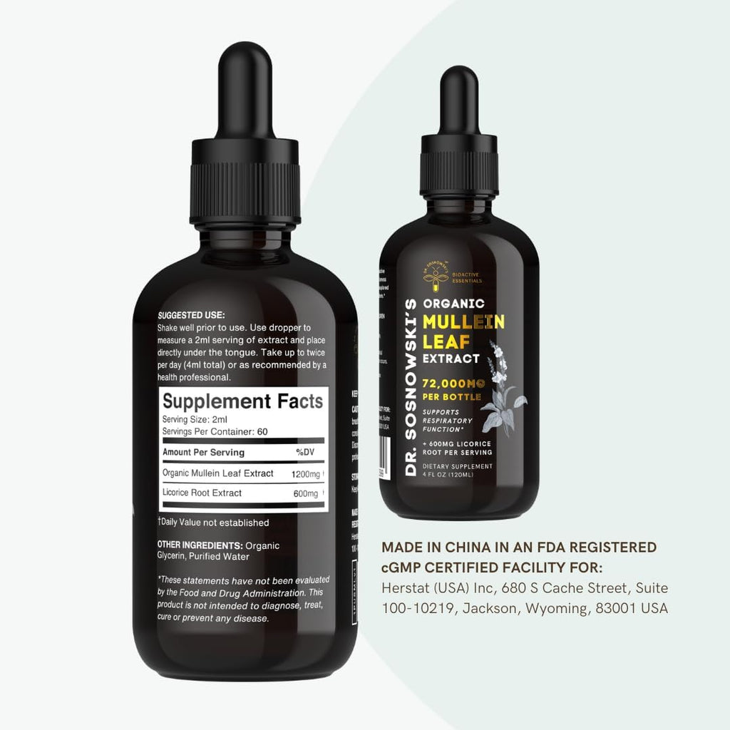 Dr Sosnowski's BioActive Mullein Leaf Drops 120ml | Super High Strength 1200mg Per Serving | 2 Month Supply | 1200mg Organic Mullein Leaf Extract with 600mg Licorice Root Extract