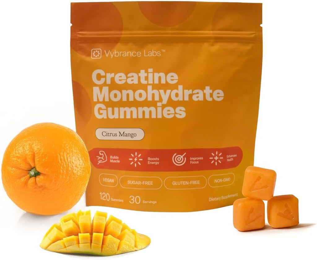 Creatine Gummies 5g Creatine Creapure + Taurine & B12 - Sugar-Free, Vegan, Gluten-Free - Citrus Mango - 120 Count (30 Servings) for Strength, Energy & Focus