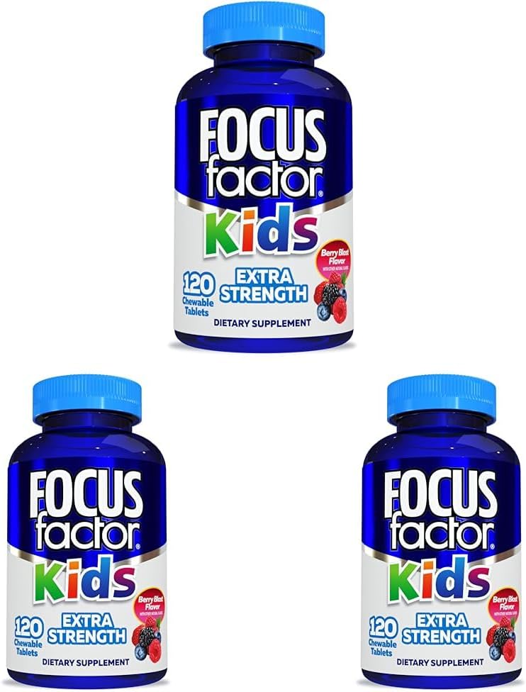 Focus Factor Kids Extra Strength Daily Chewable for Brain Health Support, 120 Count – Vitamins - Quality Formula – Gluten & Dairy Free Supplements for Children – No Artificial Sweetener (Pack of 3)