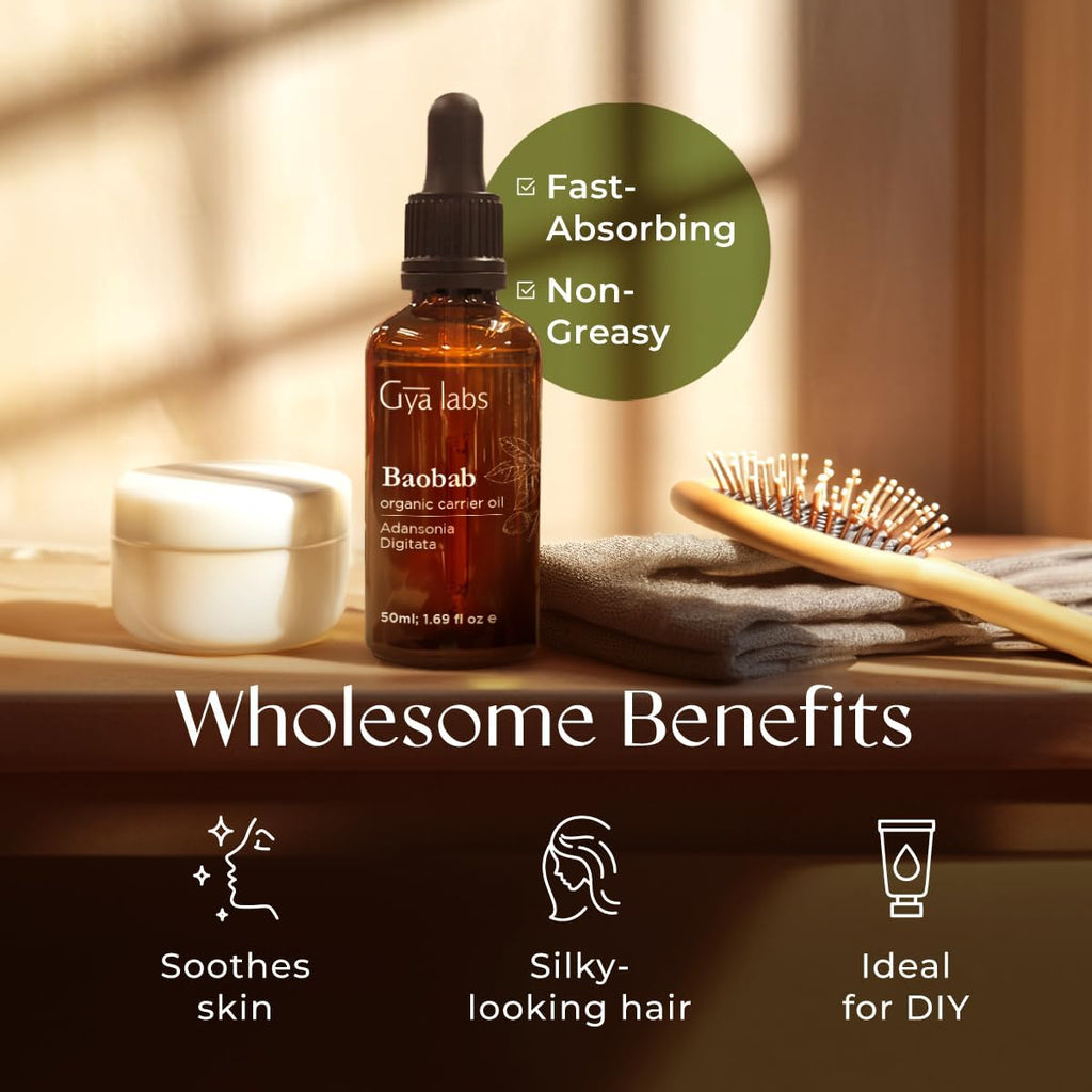 Gya Labs Organic Baobab Oil for Hair, Skin & Face - 100% Pure Natural Baobab Seed Carrier Oil - Comforting & Nourishing (1.69 Fl Oz)