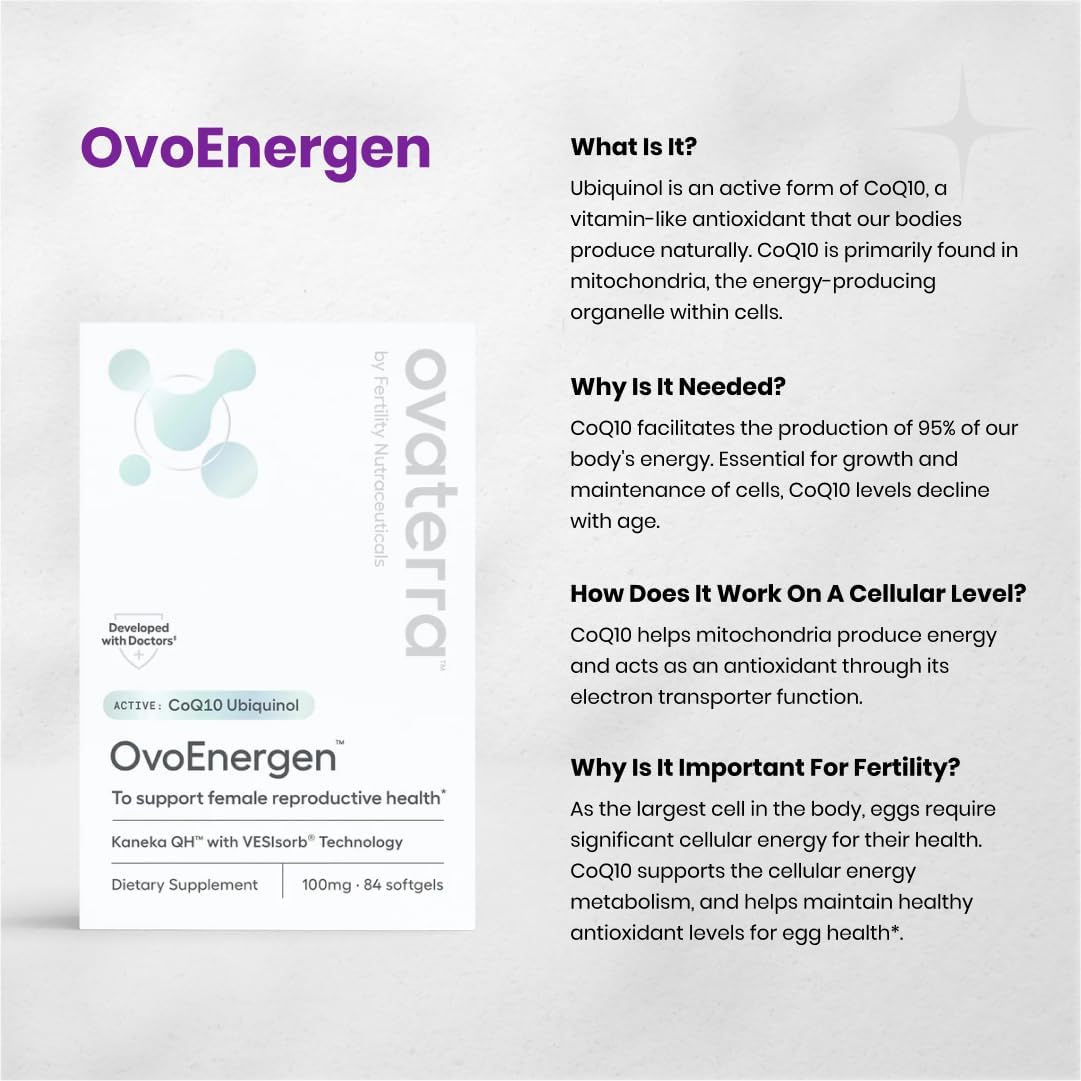 OvoEnergen Ubiquinol CoQ10 100mg Softgels, CoQ10 Supplement for Women to Support Reproductive Health and Egg Health, Fertility Booster with Kaneka QH, VESIsorb® Technology (84 Softgels, 28 Day Supply)