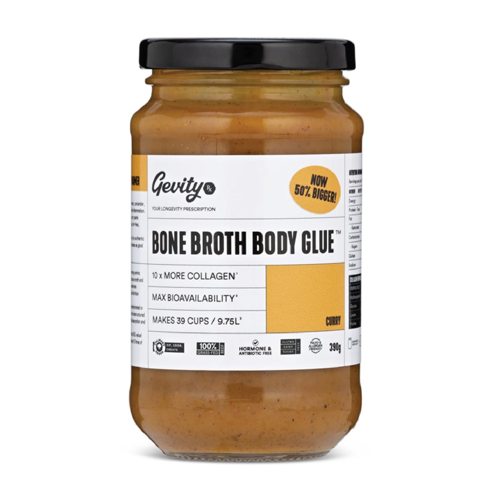 Gevity Rx Bone Broth Body Glue ® - CURRY - Bone Broth - Concentrate - 10x more collagen* - 39 servings - Sip, Cook, Create - 100% Grass Fed Beef Bones- 9.75 Litres, 329 Fl. Oz. (13.75 Ounce, Curry)
