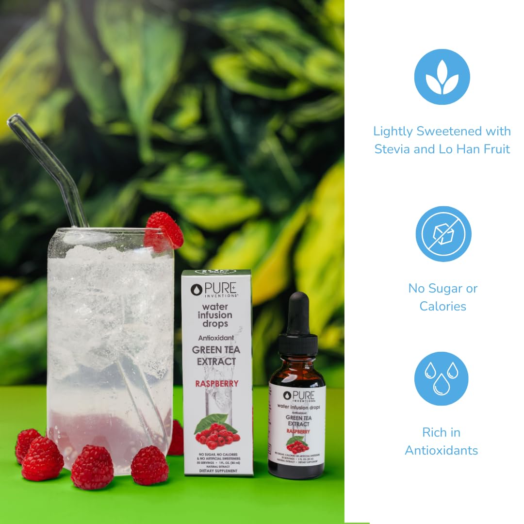 Pure Inventions - Green Tea Raspberry Water Infusion Drops - Antioxidants & Electrolytes - Health & Wellness Drink - Immunity Support - Sugar Free, Zero Calorie, No Artificial Sweeteners - 30 Servings