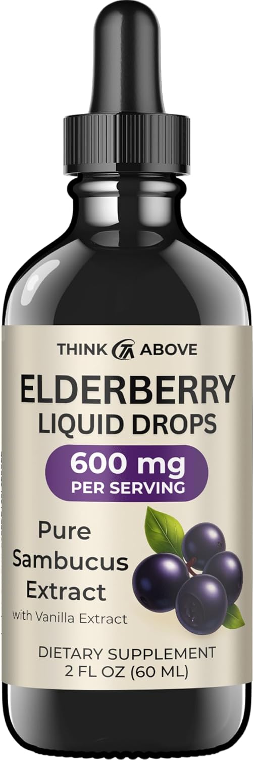 Elderberry Liquid Drops, 600mg, 2 Fl Oz, Pure Sambucus Extract with Vanilla, Vegan Immune Support Supplement