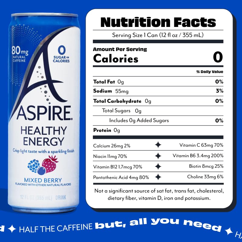 ASPIRE® Mixed Berry, Healthy Energy Drink 80mg Natural Caffeine, Zero Sugar No Carbs Keto Friendly, 12 Pack Green Tea Sugar Free Drink Low Caffeine Zero Calorie