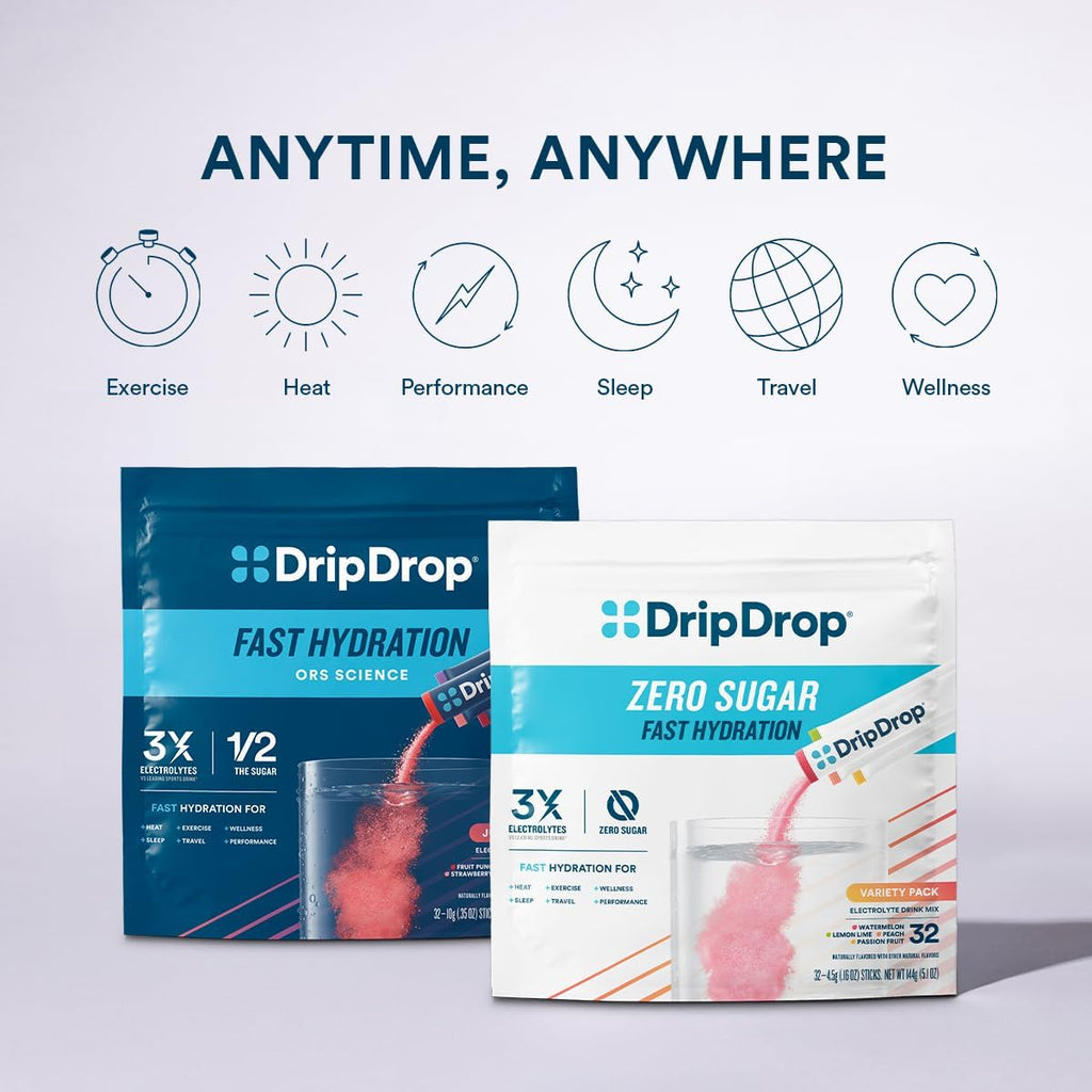 DripDrop Sugar Free Hydration Packets - Zero Citrus Variety Pack - Single Serve Electrolytes Powder Drink Mix - Cherry Limeade, Citrus, Orange, Strawberry Lemonade - Non-GMO, Gluten Free - 16 Sticks