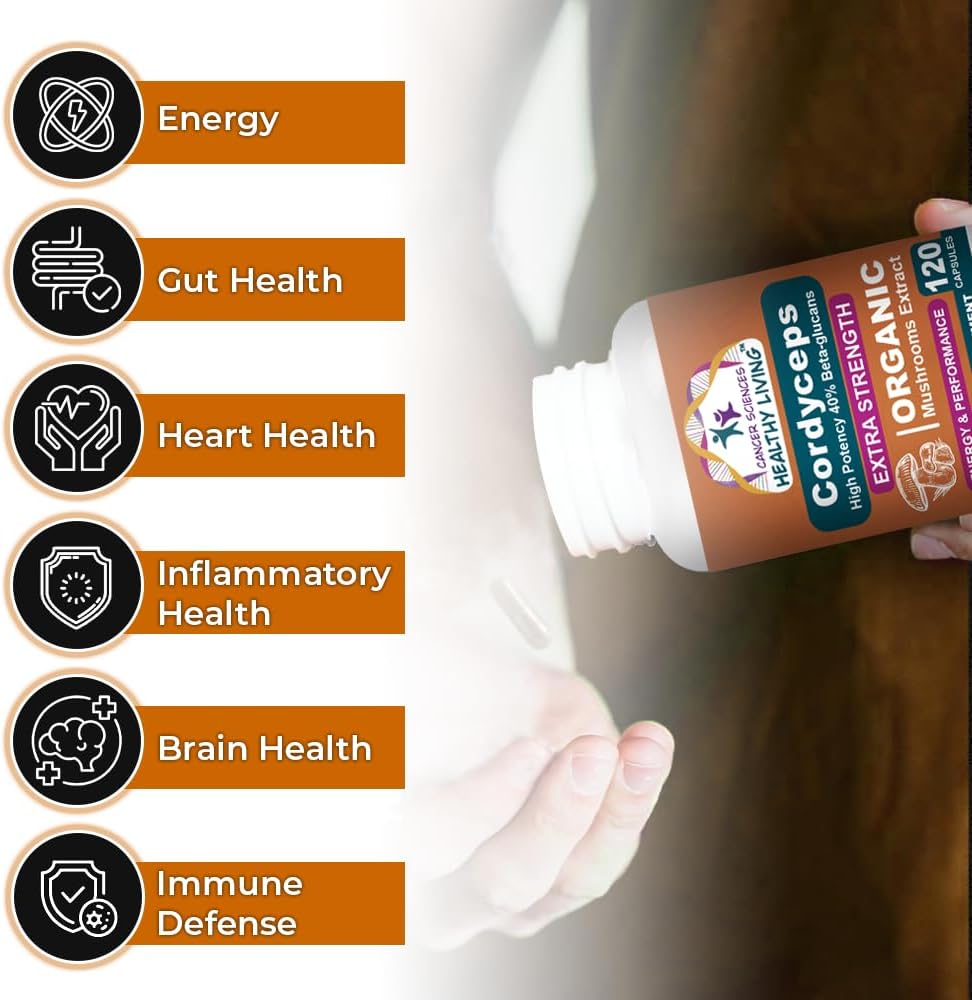 Cancer Sciences Cordyceps Mushroom Supplement Capsules - 1,500mg Organic Mushroom Complex for Wellness, High Potency 40% Beta-Glucans, Immune Support Supplement for Energy & Stamina Booster, 120 Count