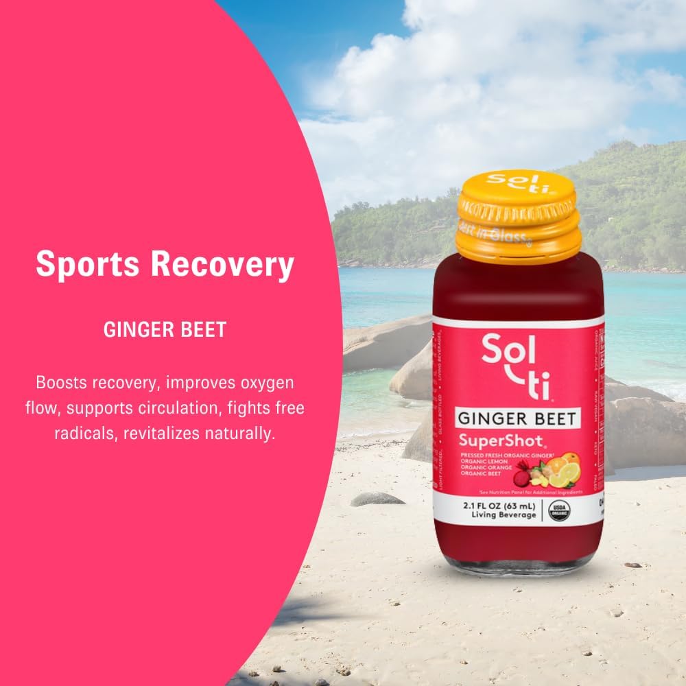 Organic GINGER BEET SuperShot Drink, Helps Aid Muscle Recovery, Circulation and Lung Health, SuperFood by Sol-ti, Cold-Pressed Orange and Lemon Juice Blend, 12 Pack (2.1 Fl oz)