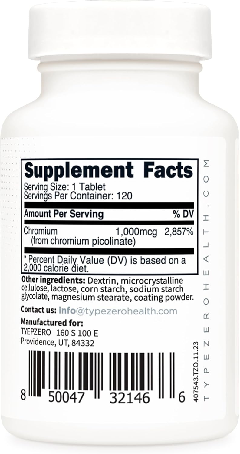 Type Zero Clean Chromium Picolinate Tablets (120 Servings, 1,000 MCG Per Serving) - Non-GMO, Gluten Free