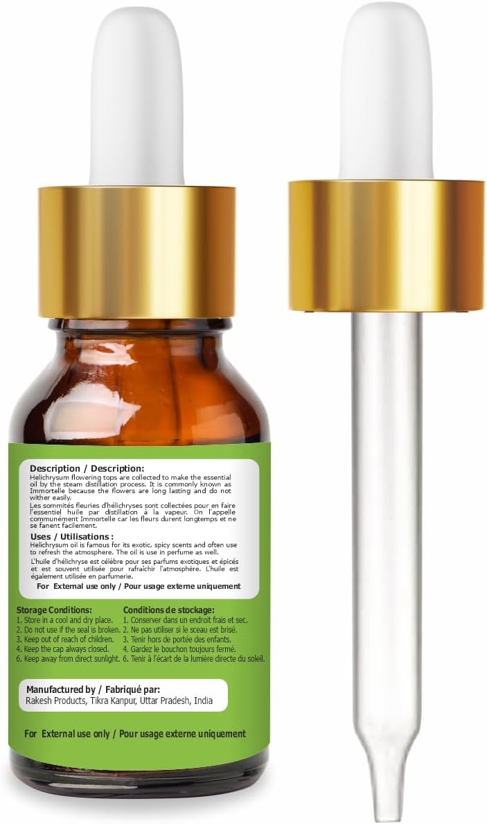 Helichrysum Essential Oil (Helichrysum Italicum) 100% Pure & Natural - Undiluted Uncut Aromatherapy Premium Oil - Therapeutic Grade - 15 ML with Dropper