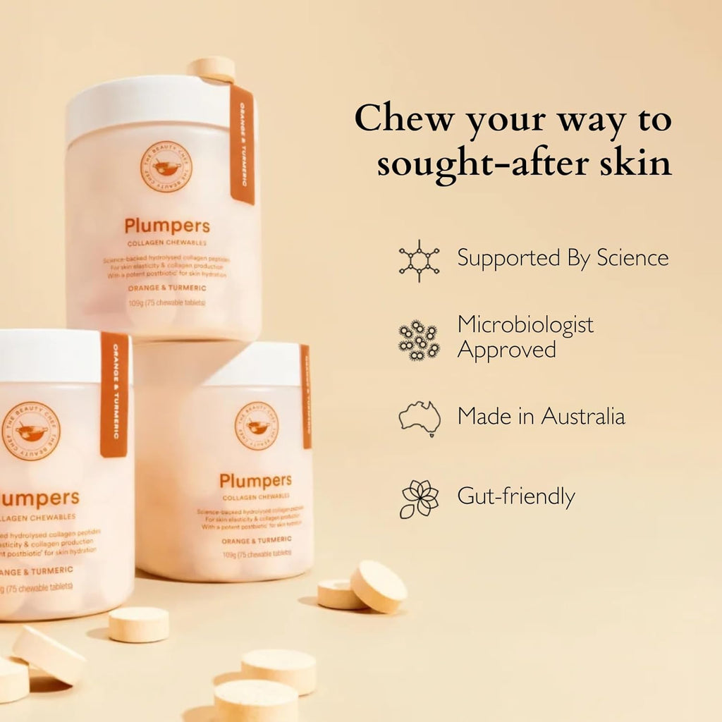The Beauty Chef Plumpers™ Collagen Chewable Tablets with Hyaluronic Acid & Postbiotic, Supports Skin Elasticity & Collagen, Women's Multivitamin, Collagen Peptides, 75 Tablets (Orange & Turmeric)