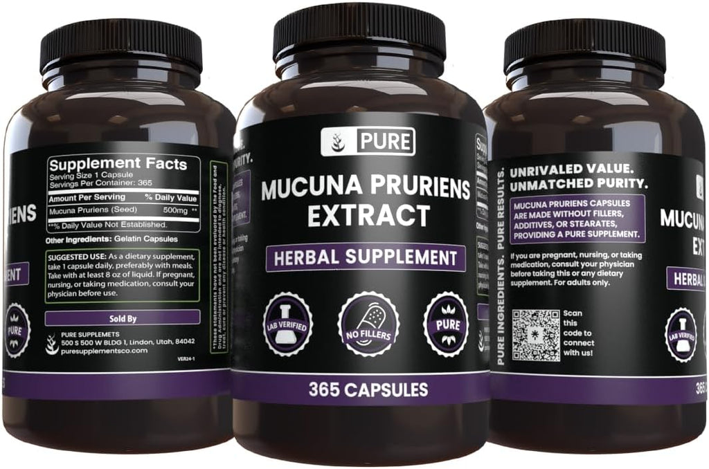 Pure Original Ingredients Mucuna Pruriens (365 Capsules) No Magnesium Or Rice Fillers, Always Pure, Lab Verified