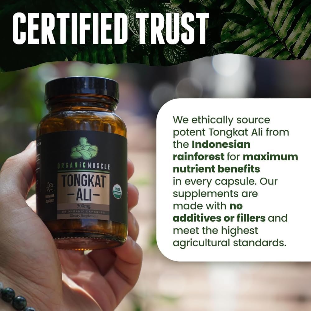 Organic Muscle Tongkat Ali for Men, 500mg - Pure & Potent USDA Eurycoma Longifolia Root Supplement 60 Count – Wild Grown Men's Health Hormone Support for Male Performance, Drive & Energizer