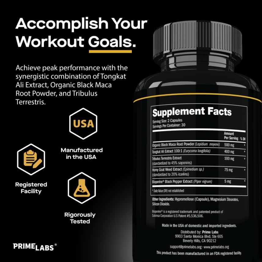 Prime Labs Tongkat Ali for Men - Plus Organic Black Maca Root and Tribulus Terrestris - Performance, Vitality, Energy - 60 Count