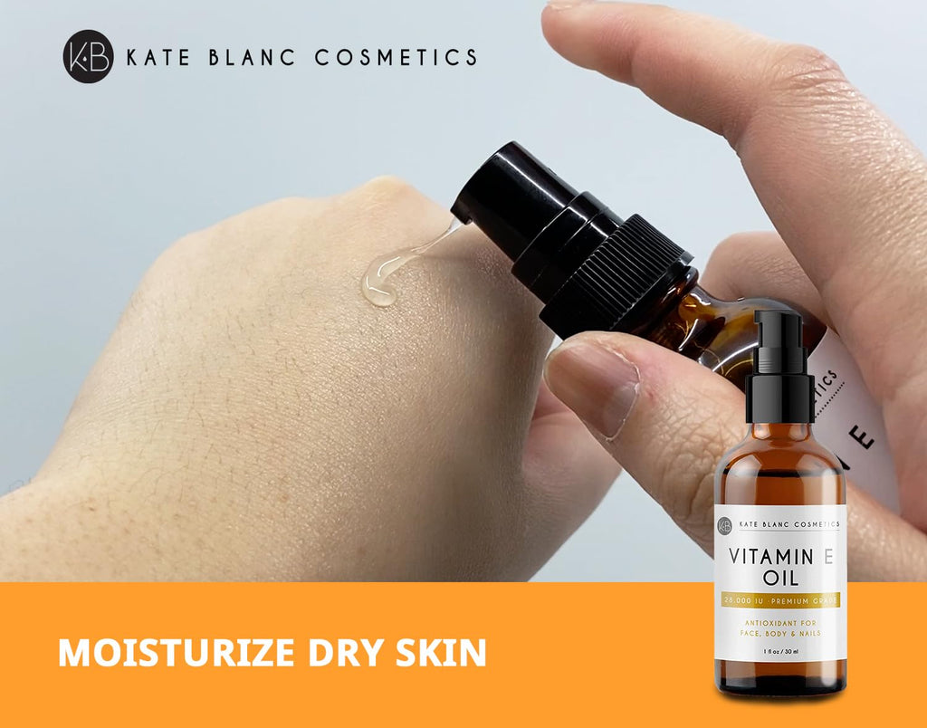 Kate Blanc Cosmetics Vitamin E Oil 28,000 IU (1oz) Topical Serum for Skin and Face for Even Tone, Fine Lines & Smooth Texture