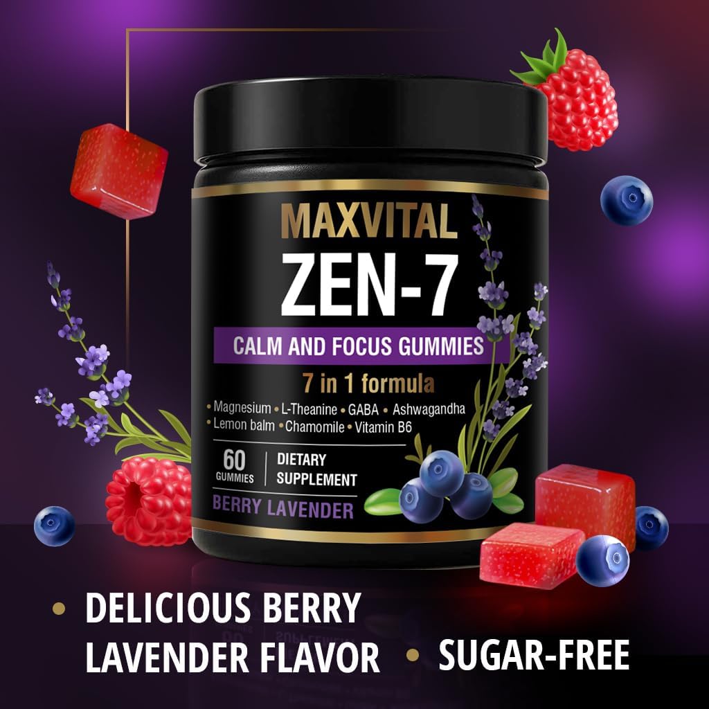 Zen-7 Calm & Focus Gummies – Sugar-Free Stress & Mood Support – Ashwagandha, L-Theanine, GABA, Lemon Balm, Chamomile, Magnesium & B6 – Berry Lavender Flavor – 60 Vegan Gummies