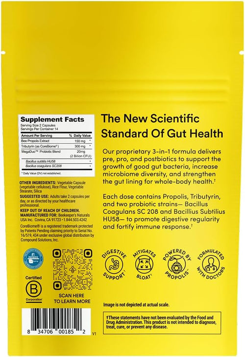 Beekeeper's Naturals Complete Gut Health, 3-in-1 Prebiotic, Postbiotic, Probiotics for Digestive Health & Bloating Relief for Women & Men, Propolis Powered, Gluten-Free Vegan Capsules, 28ct