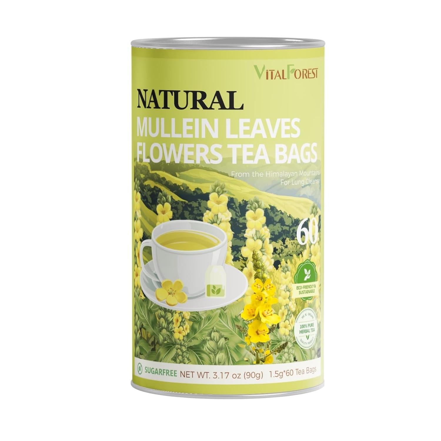 Mullein Tea Bags for Lungs – 60 Count, Mullein Leaf Mullen Tea, VitalForest Herbal Mullins Mullien Tea for Lung Detox Cleanse, Smokers Support, Respiratory Wellness & Detox, Caffeine-Free