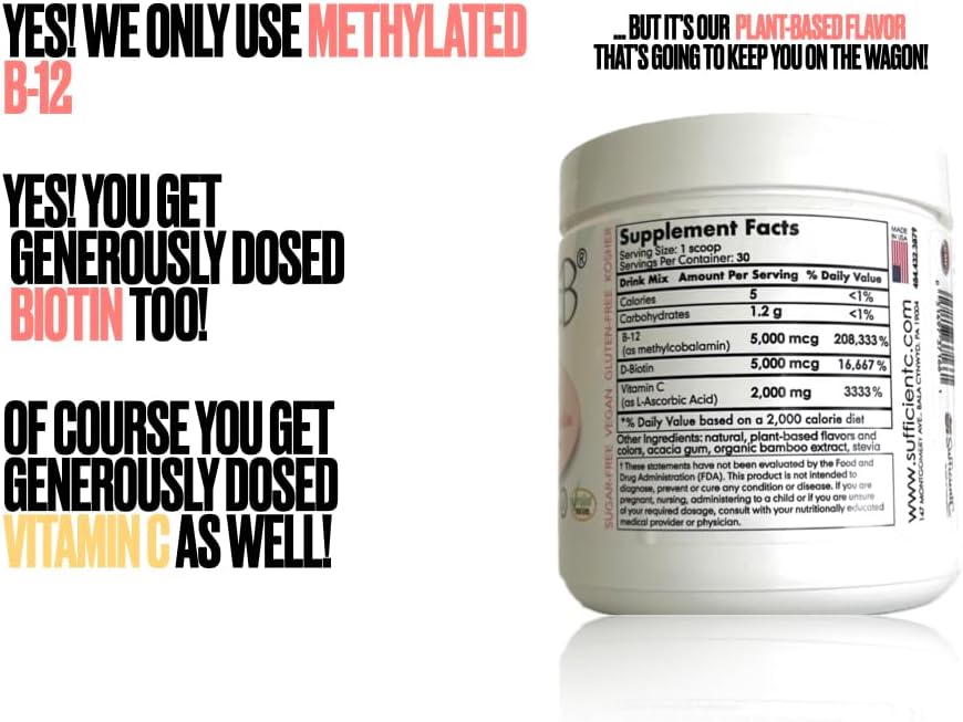 Sufficient-C Abundant-B High-Dose Methyl B-12 and Biotin Pink Lemonade Energy Drink Mix Solution - Flavor w/Function in Each Refreshing sip!