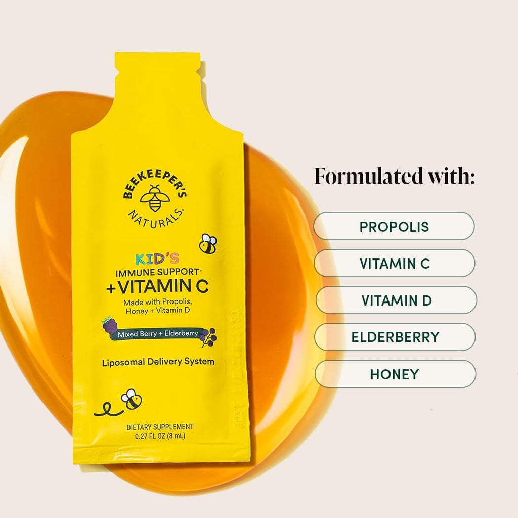 Kid's Immune Liposomal Vitamin C by Beekeeper's Naturals, 500 mg Vitamin C, Elderberry, Vitamin D, Propolis & Honey, Kid-Friendly Immune Support - Mixed Berry Flavor, Easy to Use, Bioavailable, 12 Ct