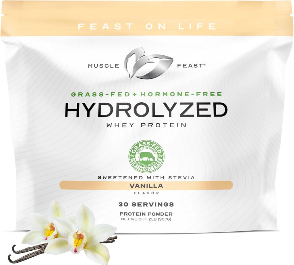 Muscle Feast Hydrolyzed Whey Protein Powder, Grass Fed and All Natural Hormone-Free, Hydro Whey Powder for Men and Women, Gluten Free, Non-GMO, Delicious Hydrolyzed Protein Powder, Vanilla, 2lb