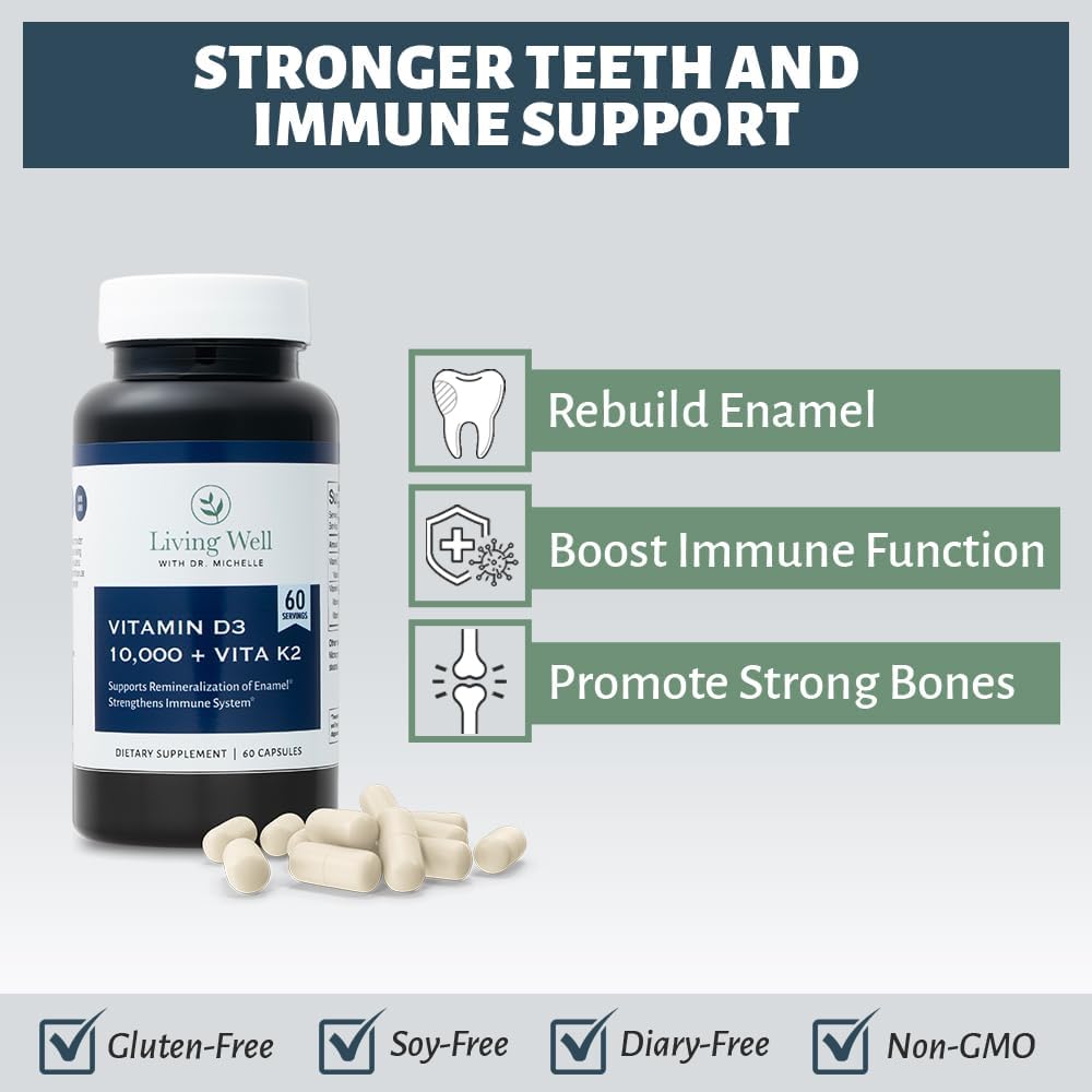 Vitamin D3 10,000 IU with K2 – Immune, Teeth, Bone Health Support, Non-GMO, Gluten & Dairy Free, 60 Day Supply, 60 Capsules