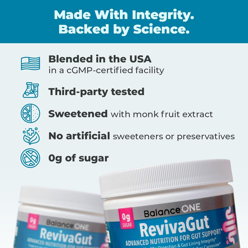 Balance ONE RevivaGut – Gut Lining & Digestive Support Powder – L-Glutamine, Zinc Carnosine, DGL Licorice, Slippery Elm – Leaky Gut Support, Bloating Relief – Non-GMO, 30 Servings
