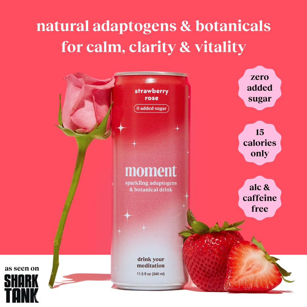 Moment Botanical Soda Soft Drink (Shark Tank) - SPARKLING Drinks | Strawberry Rose | L-Theanine & Ashwagandha for Calm & Clarity | 0 Added Sugar 0 Caffeine | 12-pack
