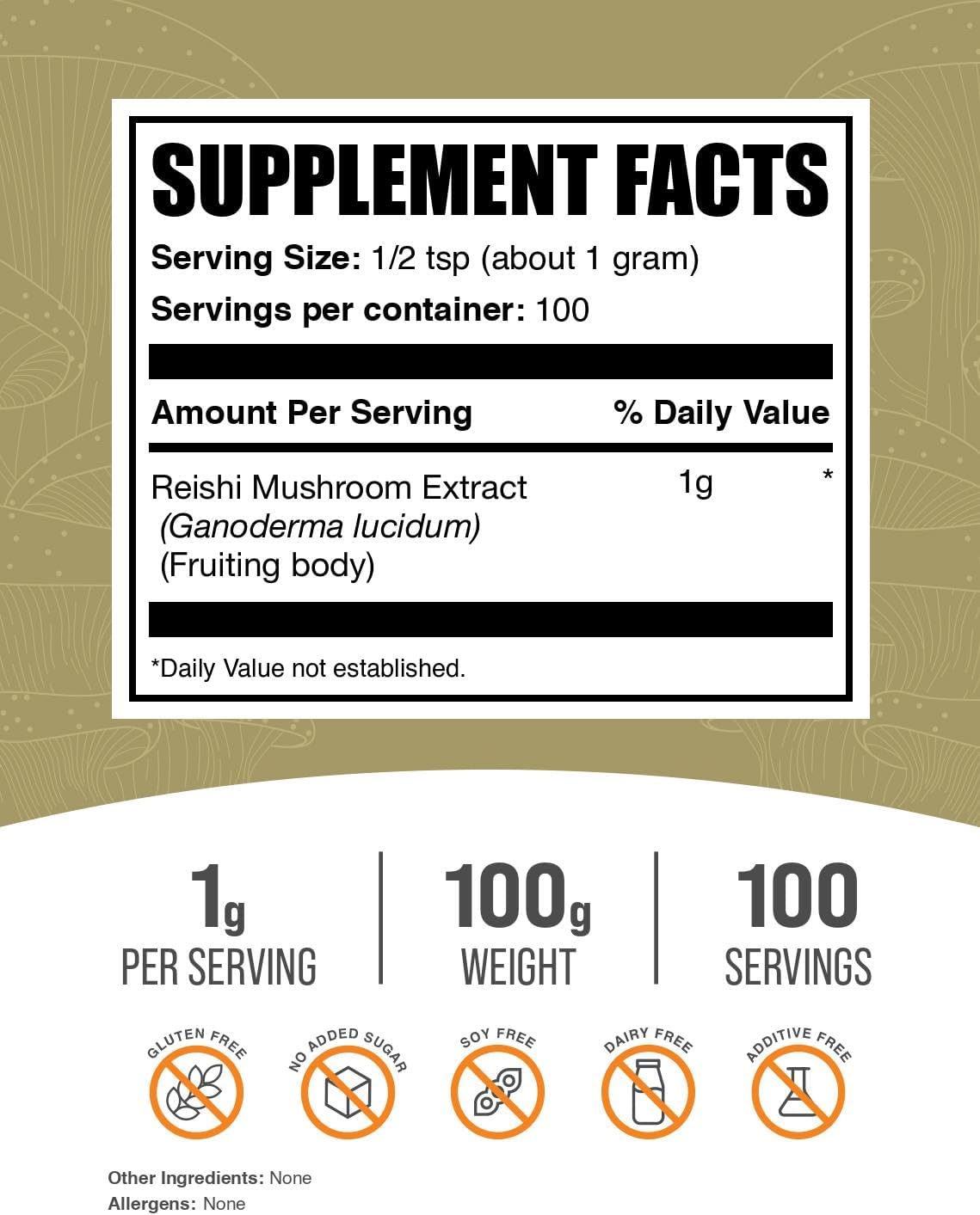BulkSupplements.com Reishi Mushroom Extract Powder - Reishi Mushroom Powder, Supplement for Overall Well-Being - Gluten Free, 1g per Serving, 100g (3.5 oz) (Pack of 1)