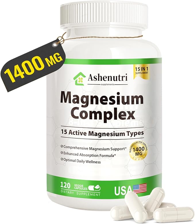 Magnesium Complex with 15 Types Magnesium Glycinate Citrate Malate Taurate Oxide Carbonate Chloride Orotate Magnesio Muscle, Heart, Relaxation & Nerves 120 Vegan Capsules, 60-Day Supply