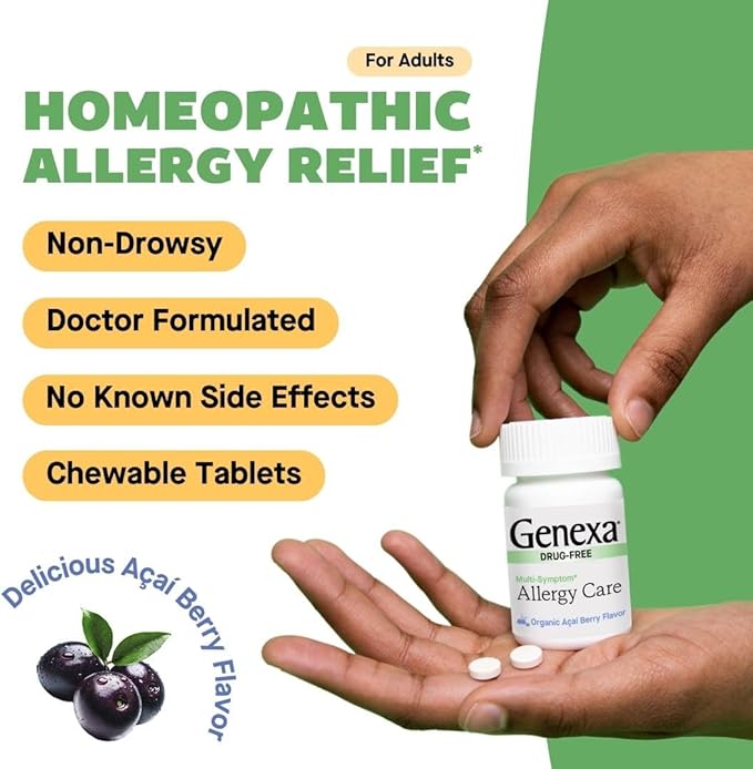 Genexa Allergy Care | Drug Free, Non-Drowsy Allergy & Decongestant Remedy for Adults | Vegan & Non-GMO | Homeopathic Allergy Relief Made Clean | Organic Acai Berry Flavor | 60 Chewable Tablets