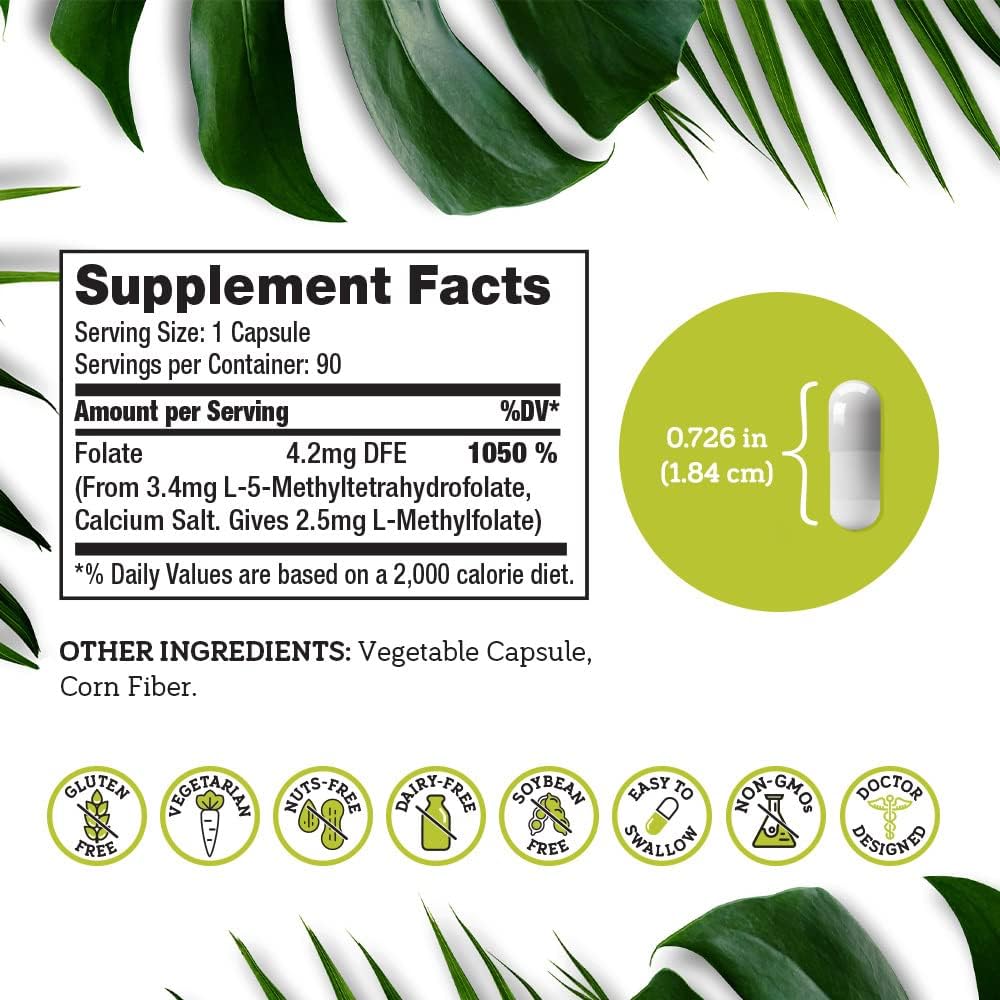 DSO L Methylfolate 2.5mg (5 MTHF Supplement) - 90 Vegan Capsules (2.5 mg) - Active L Methyl Folate Supplement for Homocysteine Control - Folic Acid Vitamin - Eco-Friendly Packaging