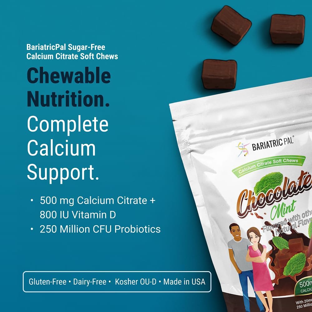 BariatricPal Sugar-Free Calcium Citrate Soft Chews | 500mg with Vitamin D & Probiotics | Chocolate Mint | 90 Count (1 Month Supply)