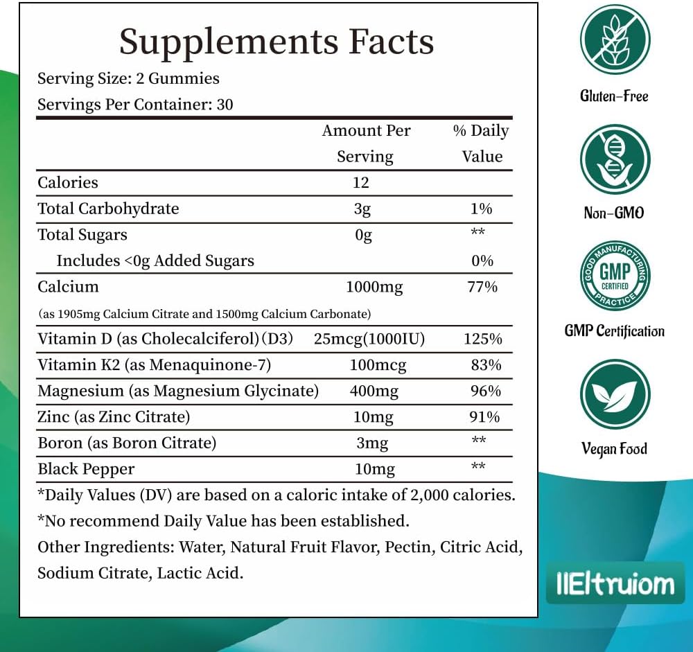 Liposomal Calcium,1000mg Calcium with Vitamin D3 & K2 for for Muscle & Immune Support, Calcium Chews for Bone Health,Sugar Free, 60 Chews