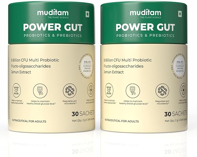 Power Gut - Prebiotics & Probiotics Supplement Constipation, Bloating, Gas & Acidity Relief Clinically Proven Strain 60 Sachet (Pack of 2)