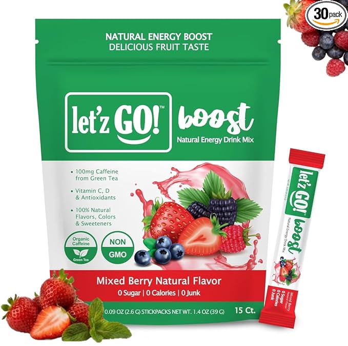 Let'z Go Clean Energy Drink Mix – Natural Caffeine Packets, Vitamins C + D, Electrolytes, Sugar-Free, Zero Calories | Anytime Energy | 30 Count (Mixed Berry)