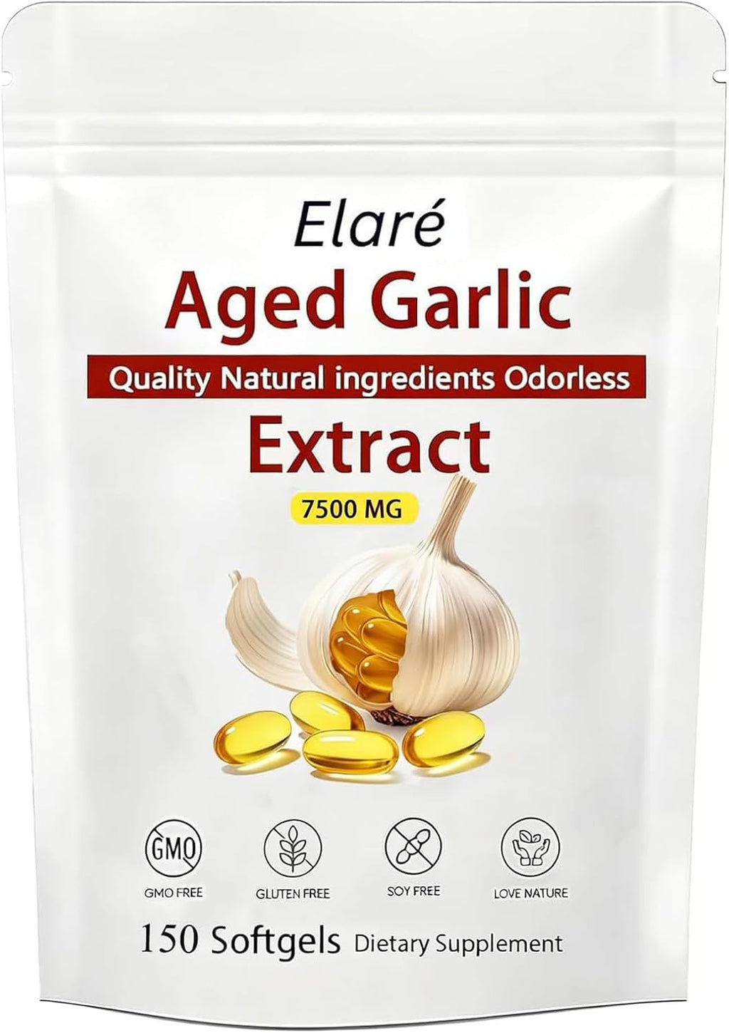 Elare Aged Garlic Extract - 7500mg Odorless, Organic Garlic Extract Capsules | Heart & Immune Antioxidant Supplements, Vegetarian, All-Natural, Non-GMO, 150 Softgels(1 PCS)