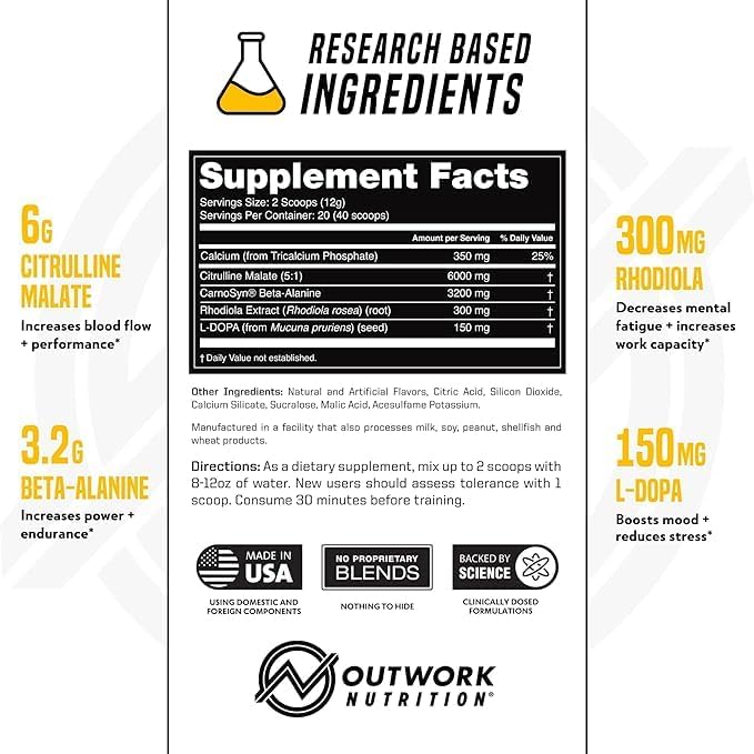 Outwork Nutrition Non-Stim Pre Workout Powder - Citrulline Malate, Beta-Alanine, Rhodiola Extract for Performance, Focus & Energy Boost - Preworkout for Men, Women (Caffeine Free, Piña Colada)