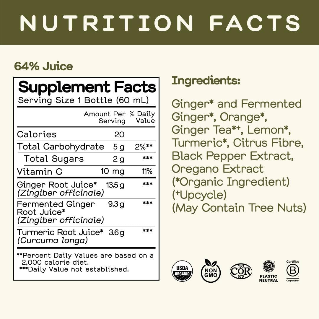 Greenhouse Juice Organic Fiery Ginger Wellness Shots 12-Count 60ml Glass Bottles, Vegan & Gluten-Free