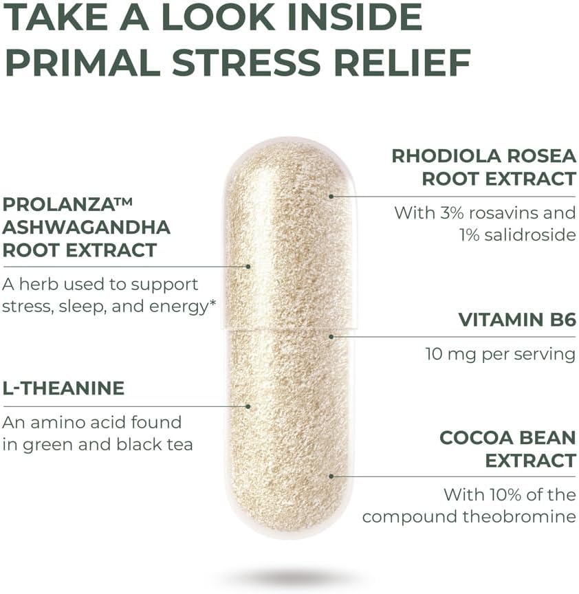 Primal Harvest Stress Relief Supplement for Women and Men Pure Ashwagandha Root Extract, L-Theanine Supplements, 60 Capsules