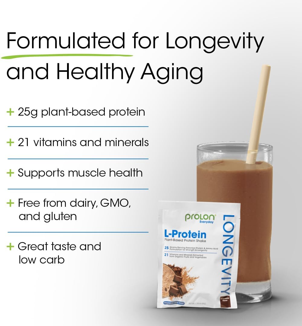 Prolon Longevity Plant Based Protein Powder | Muscle Synthesis & Repair, Healthy Aging, Boost Performance | Vitamins, Gluten Free, Amino Acids, Antioxidants | 25g of Protein | Chocolate, 24 Packets