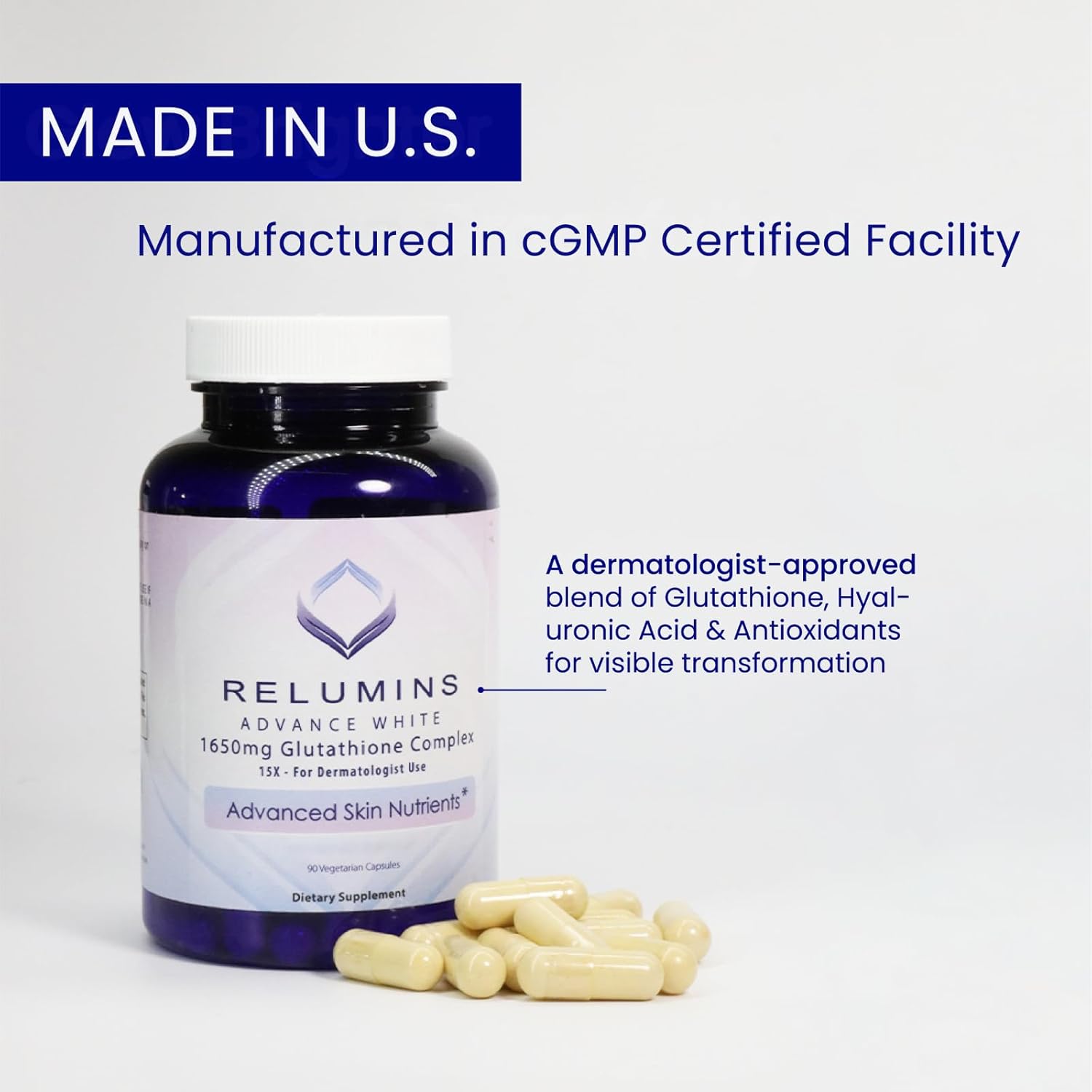 Relumins 1650mg L-Glutathione Complex with Hyaluronic Acid, Alpha Lipoic Acid, Rose HIPS, Vitamin E & Riboflavin – Antioxidant Support, Skin Hydration & Wellness – 90 Veggie Capsules x 5 Bottles
