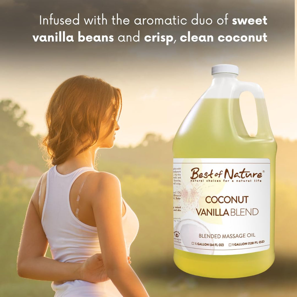 Best of Nature Coconut Vanilla Aromatherapy Massage Oil - Luxurious Blend with Coconut & Vanilla, Perfect for Spa Use, Relaxing Massage & Skin Hydration, Silky & Lightweight - Half Gallon (64 fl oz)