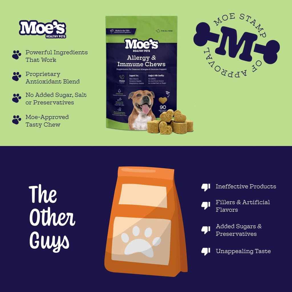 Moe’s Allergy and Immune Chews for Dogs – 90ct Soft Dog Allergy Supplement Bites for Itchy Skin, Seasonal Allergies and Skin Health – Vet-Formulated (Savory Chicken)