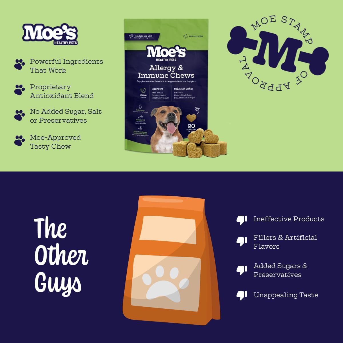 Moe’s Allergy and Immune Chews for Dogs – 90ct Soft Dog Allergy Supplement Bites for Itchy Skin, Seasonal Allergies and Skin Health – Vet-Formulated (Savory Chicken)