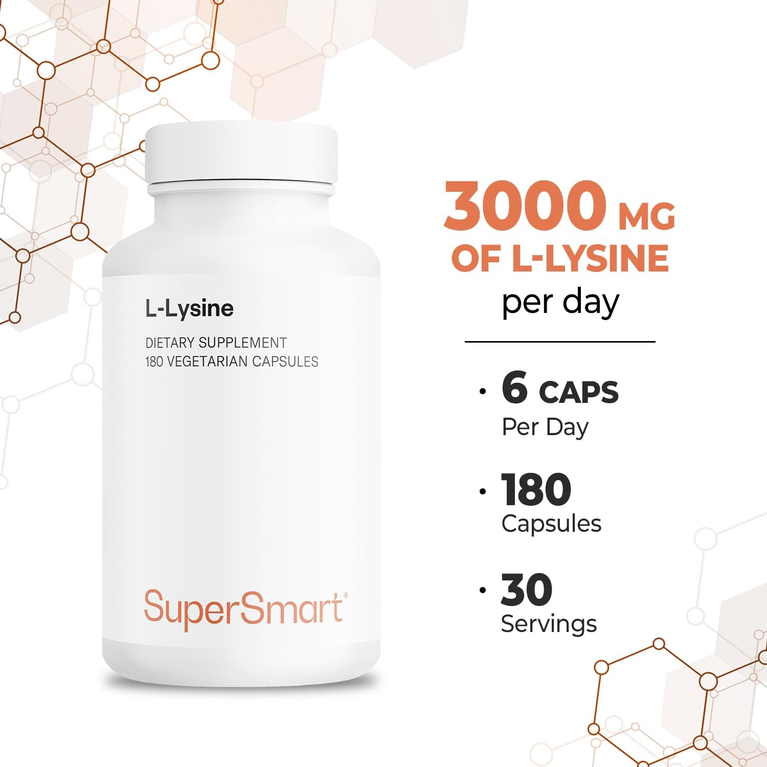 Supersmart - L-Lysine 6000mg per Day (High Strength) - Essential Amino Acid Lysine Supplement | Non-GMO & Gluten Free - 180 Vegetarian Capsules