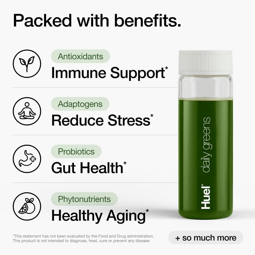 Huel Daily Greens Single Serve | Superfood Greens Powder | 91 Vitamins, Minerals, and Wholefood-Sourced Ingredients | Adaptogens, Antioxidants, Gut-Friendly Probiotics | 12 Pack