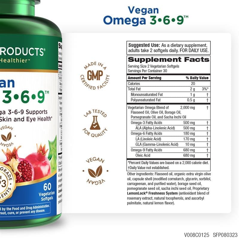 Purity Products Omega 3-6-9 Vegan and Vegetarian Formula - “5 in 1” Essential Fatty Acid Complex - Scientifically Formulated Plant-Based Omega 3 6 9 Essential Fatty Acids (EFA) - from (60)