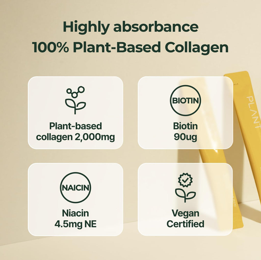PLANT Vegan Liquid Collagen + Biotin + Niacin | 2,000mg Hydrolyzed Collagen Peptides | Kosher & Halal Certified| Lemon Flavor| Skin, Hair & Nail Support| 363Da Ultra Low Molecular |15 Stick Packs