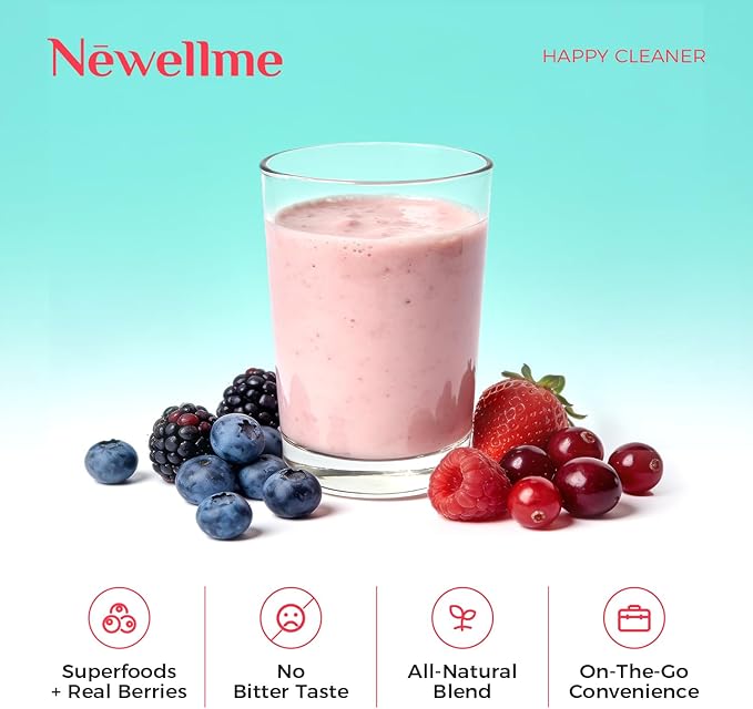 NEWELLME Happy Cleaner Digestive Supplement Powder, Gut Health Drink Mix with Probiotics, Digestive Enzymes & Fiber, Supports Digestion and Bloating, Berry Flavor, 14 Sachets